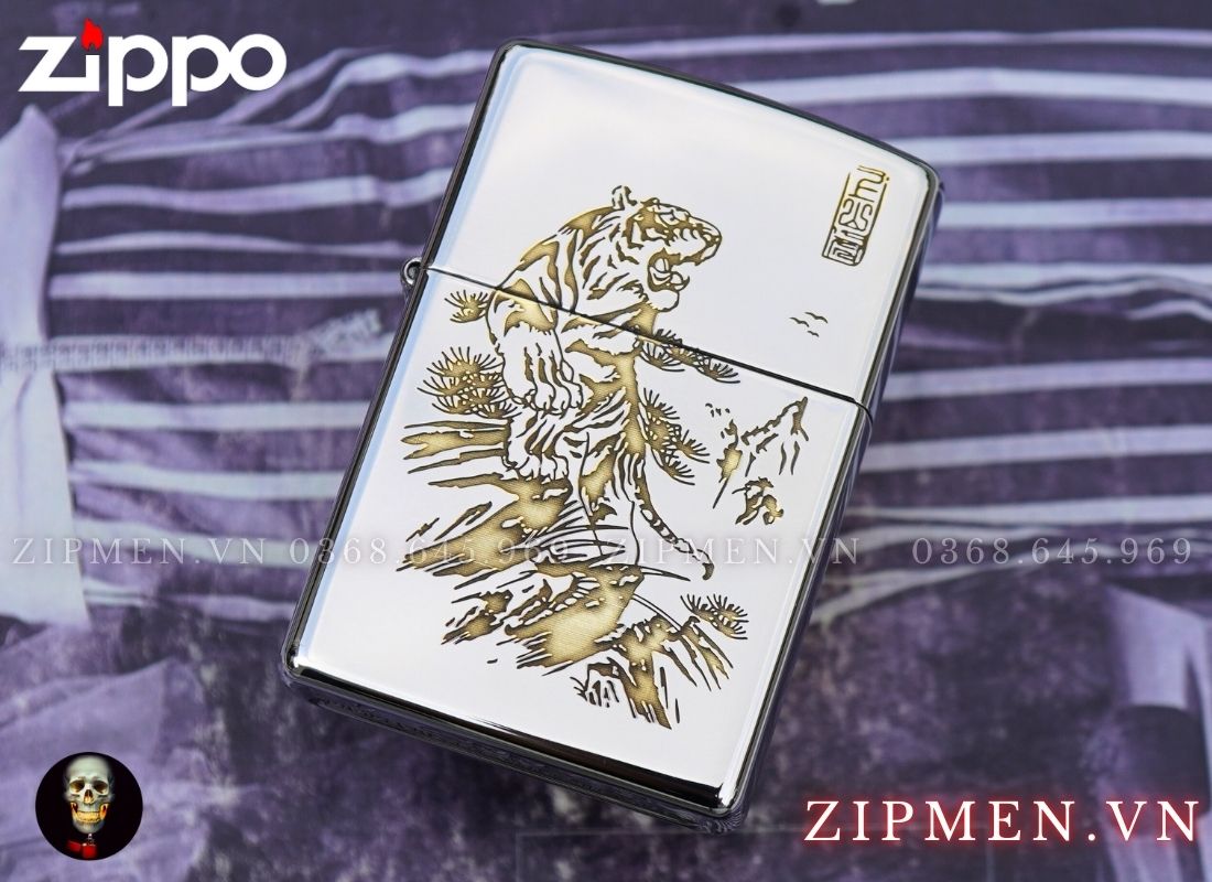 Hộp quẹt Zippo USA trắng chủ đề Hổ Thượng Sơn