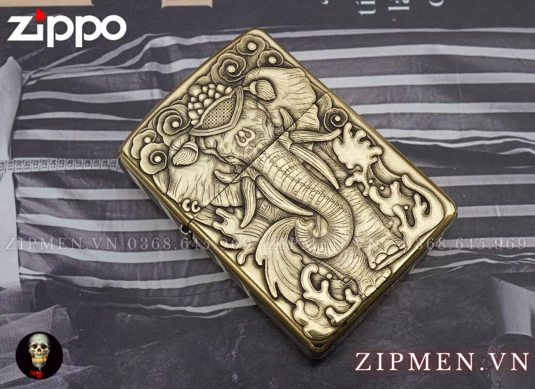 zippo khắc nổi 3d hình con voi