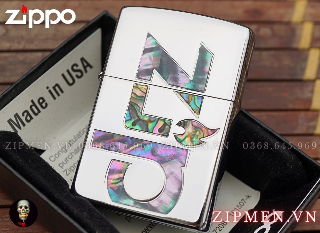 Zippo xuất Nhật Bản khảm trai logo zippo cao cấp