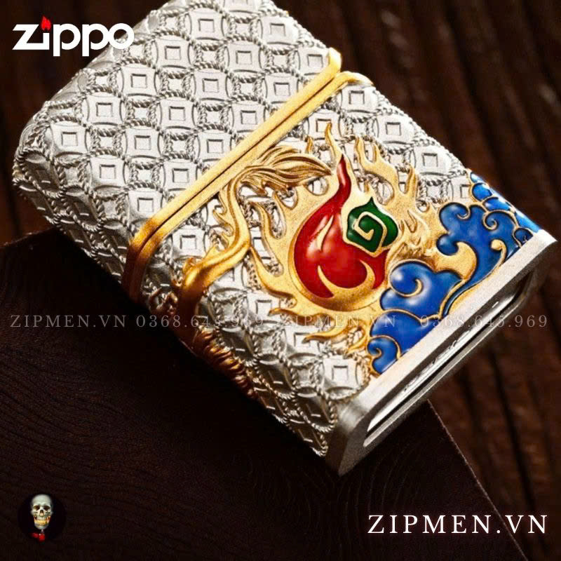 Zippo USA mạ bạc chủ đề kỳ lân đầu rồng phát quang