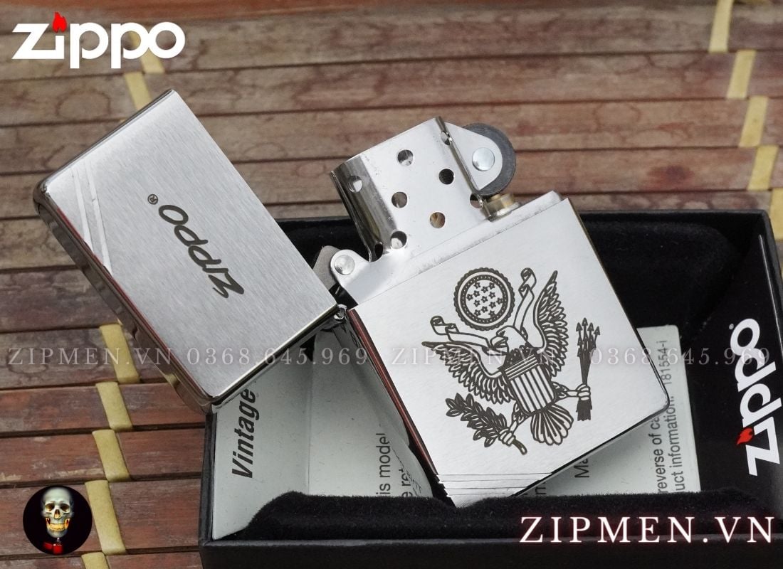 bật lửa zippo vintage tái bản 1937 trắng nhám logo quốc huy hoa kỳ
