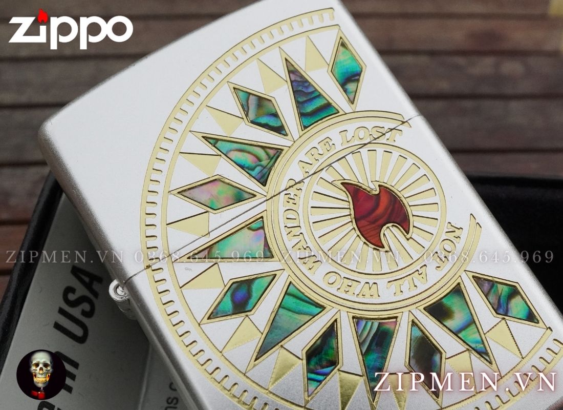 bật lửa zippo xuất Nhật Bản mạ bạc khảm trai chủ đề ngọn lửa phát sáng