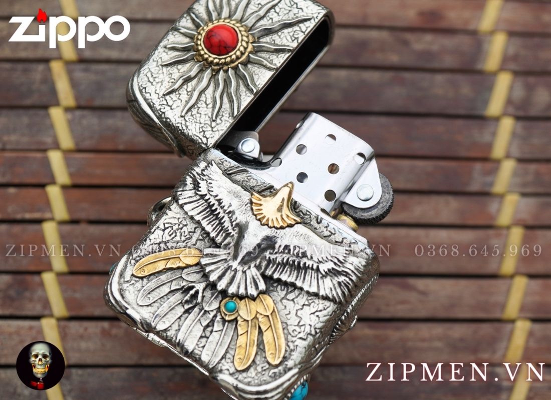 zippo xuất nhật mạ bạc đính ngọc lam