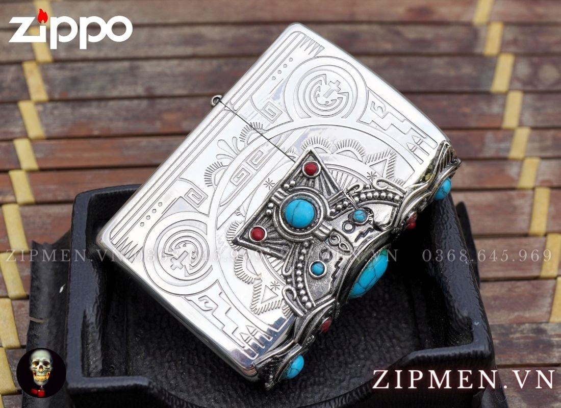 Zippo usa armor mạ bạc xuất Nhật đính ngọc lam