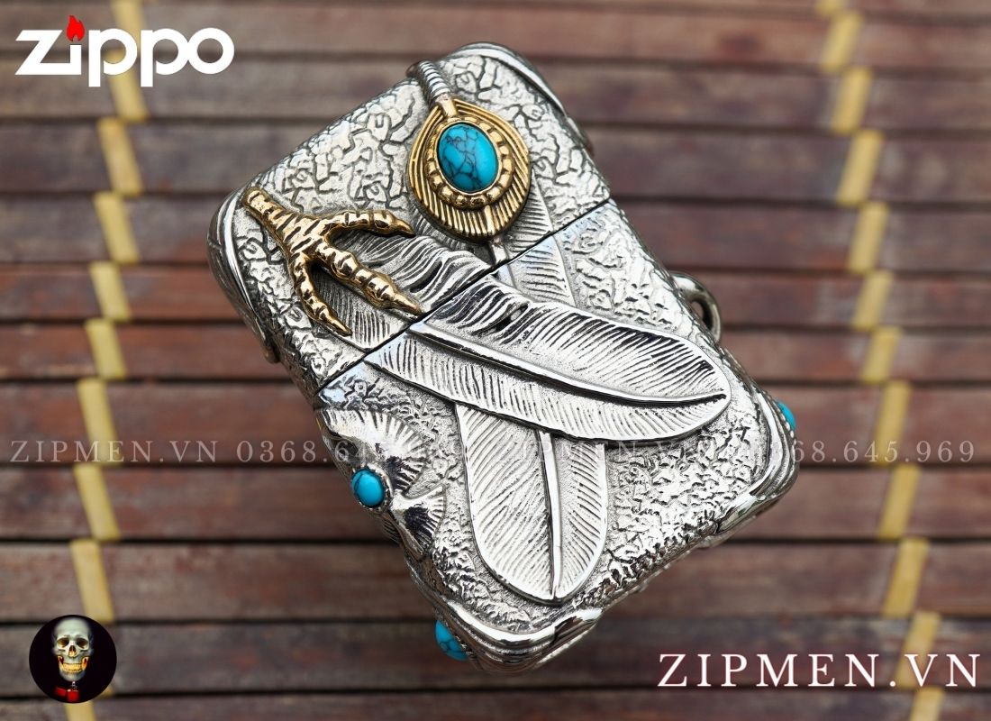zippo xuất nhật mạ bạc đính ngọc lam