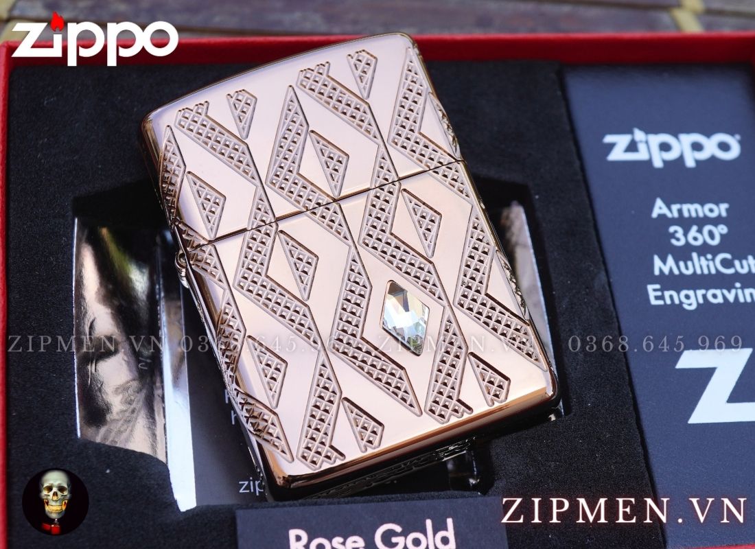 Zippo armor mạ vàng hồng vân kim cương