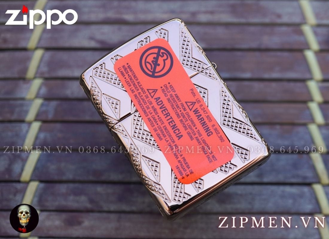Zippo armor mạ vàng hồng vân kim cương
