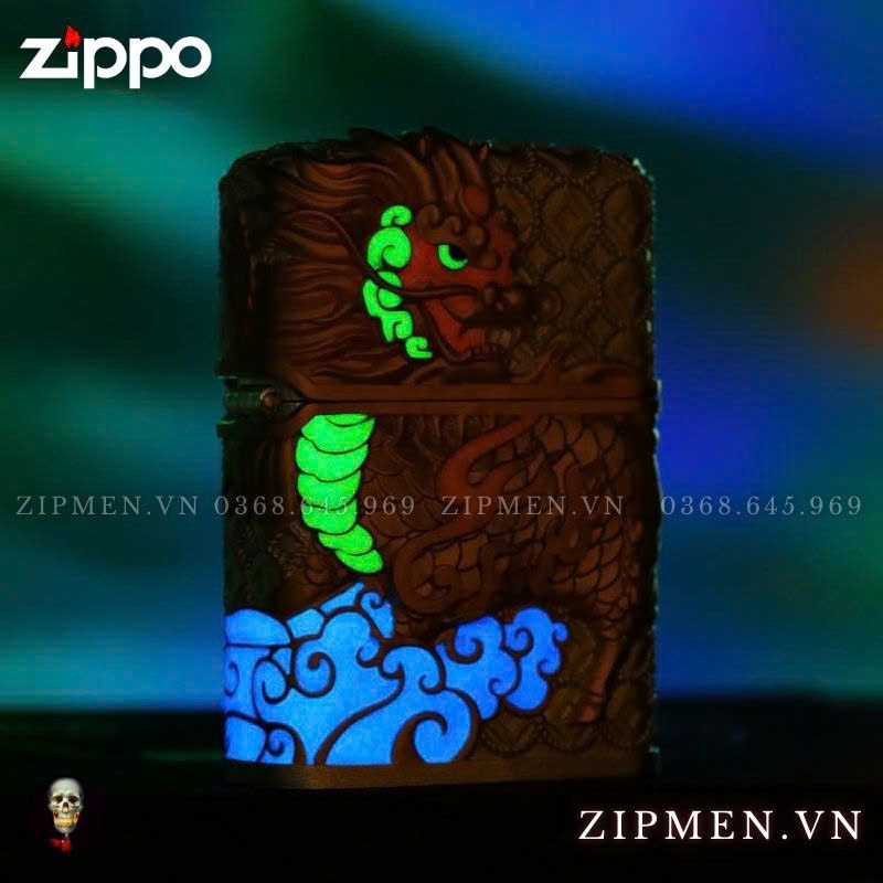 Zippo USA mạ bạc chủ đề kỳ lân đầu rồng phát quang