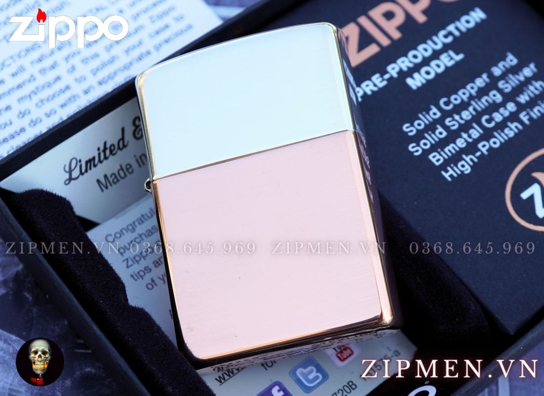 zippo lưỡng kim bạc khối đồng đỏ