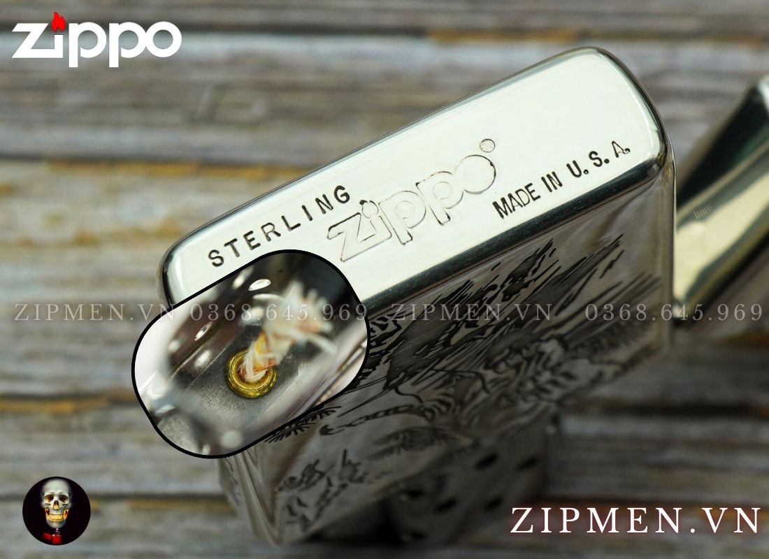 Bật lửa Zippo sterling bạc khối chủ đề Hổ thượng sơn