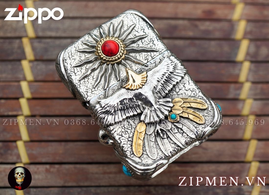 zippo xuất nhật mạ bạc đính ngọc lam