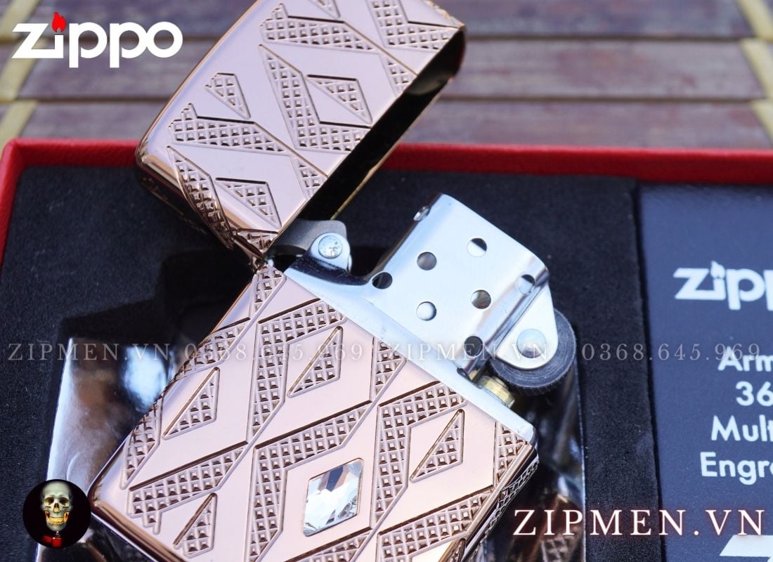 Zippo armor mạ vàng hồng vân kim cương