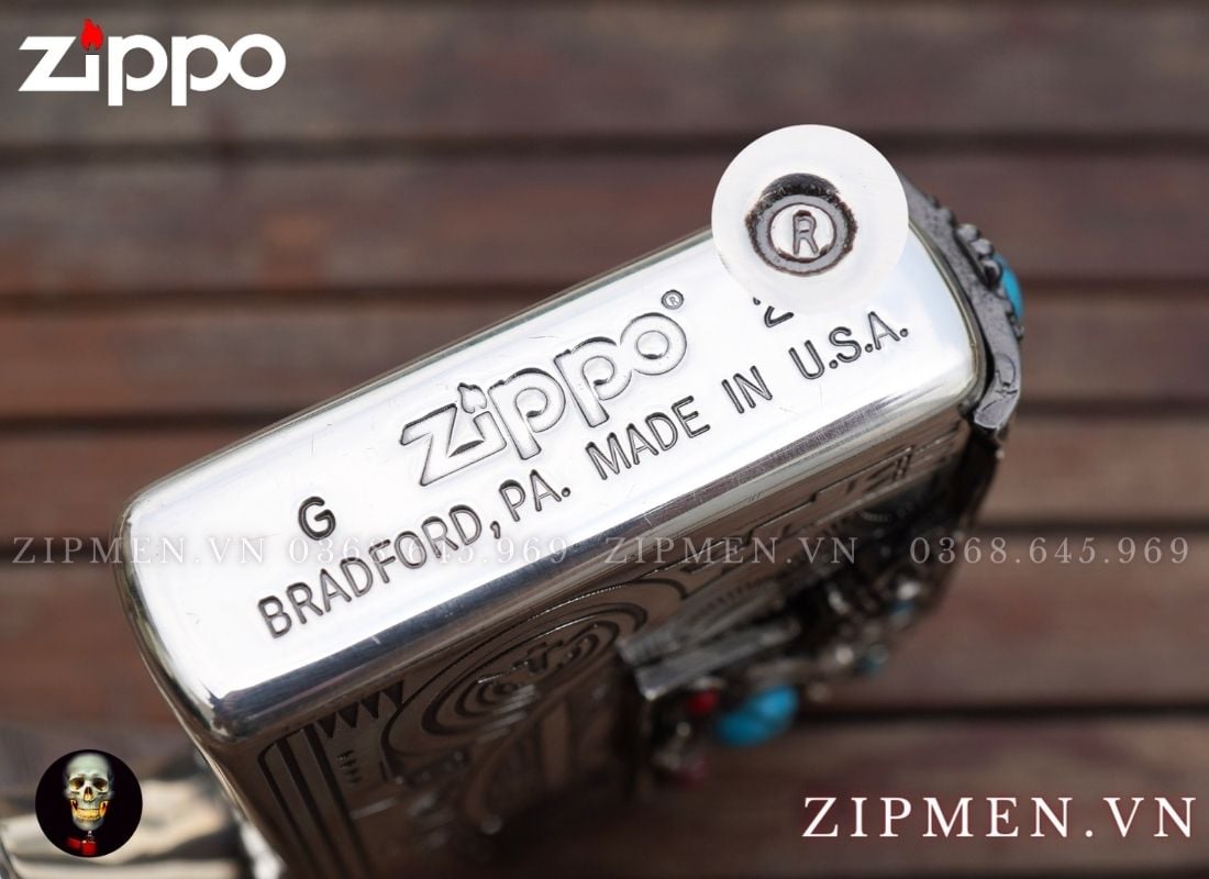 Zippo usa armor mạ bạc xuất Nhật đính ngọc lam