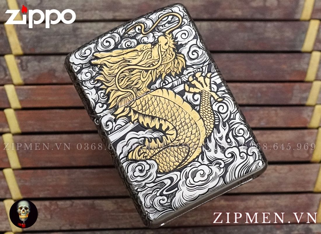 Bật lửa zippo xuất Nhật Bản bọc thép trắng hình rồng limited