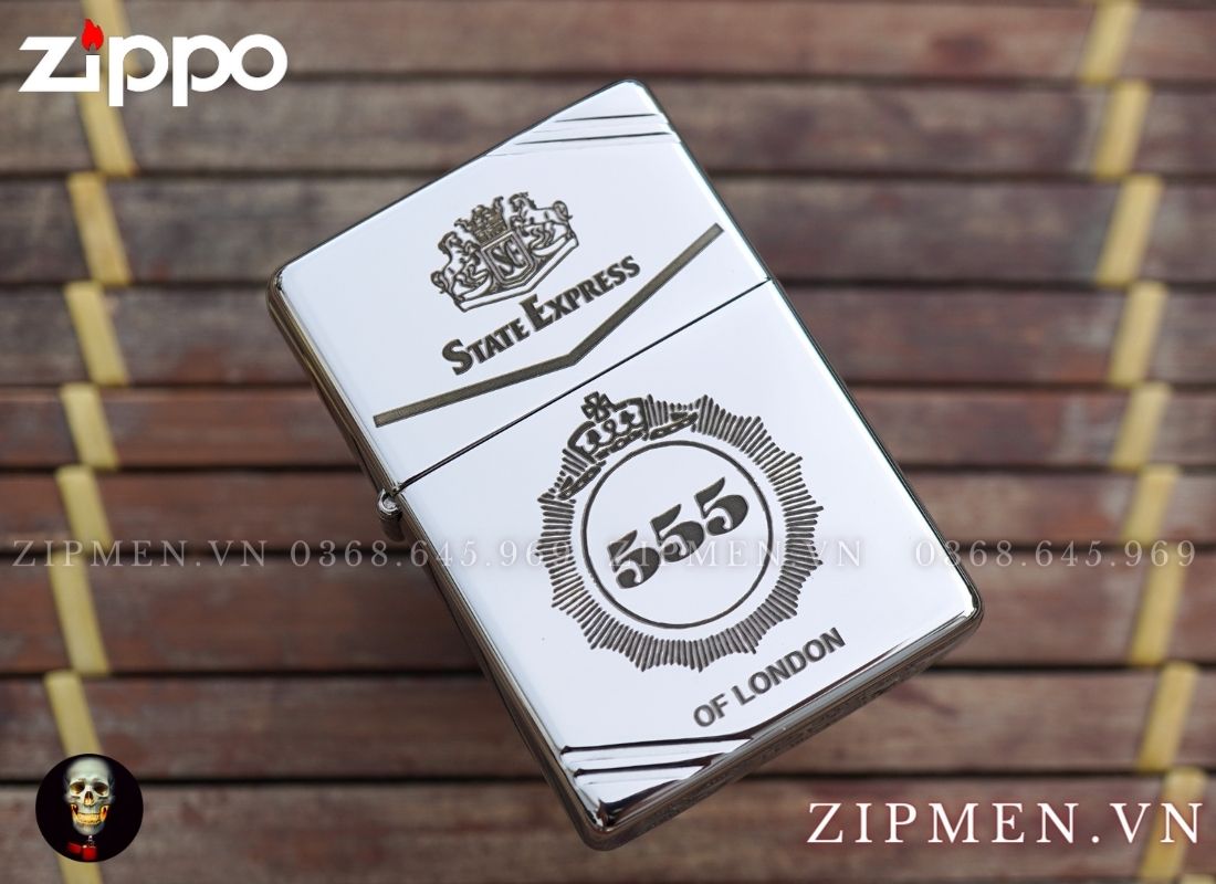 zippo vintage logo 555 trắng bóng góc