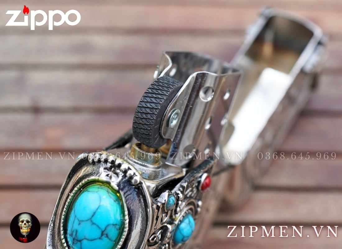 Zippo usa armor mạ bạc xuất Nhật đính ngọc lam