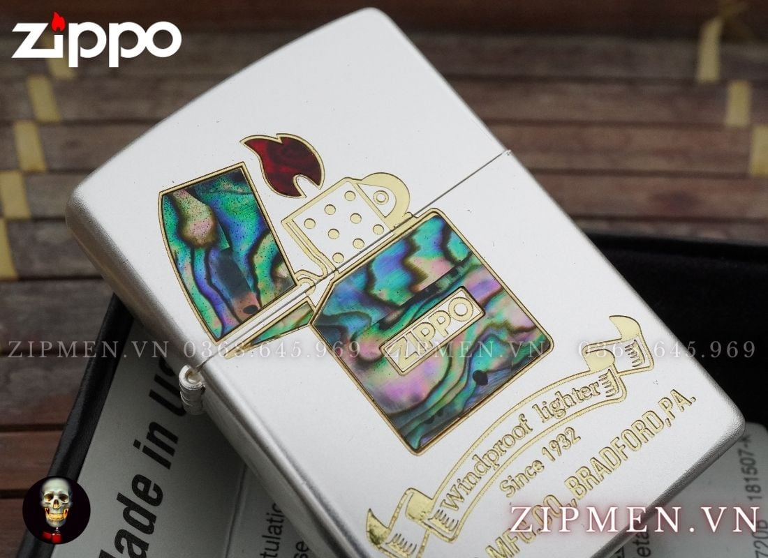 Bật lửa zippo cao cấp xuất Nhật mạ bạc khảm trai hình cây zippo