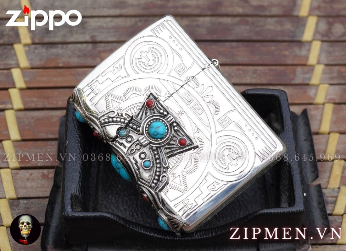 Zippo usa armor mạ bạc xuất Nhật đính ngọc lam