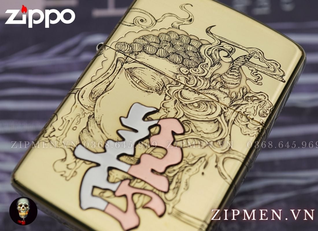 Bật lửa zippo armor xuất Nhật chủ đề thiện ác ốp chữ đồng đỏ