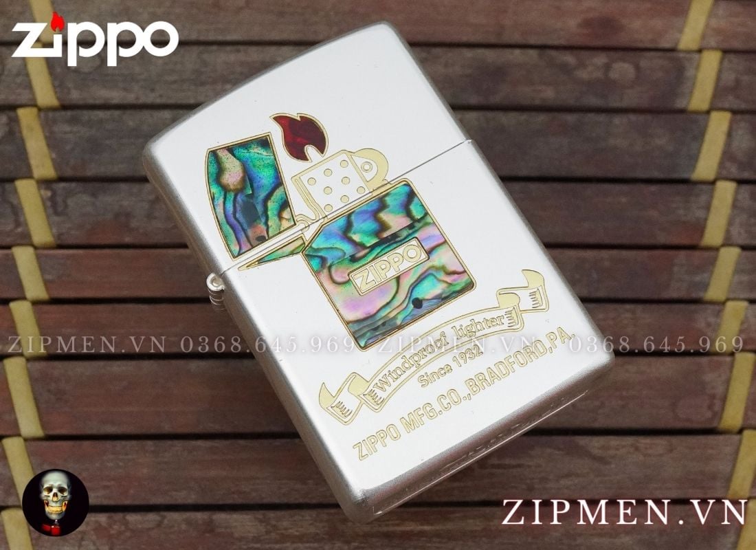 Bật lửa zippo cao cấp xuất Nhật mạ bạc khảm trai hình cây zippo