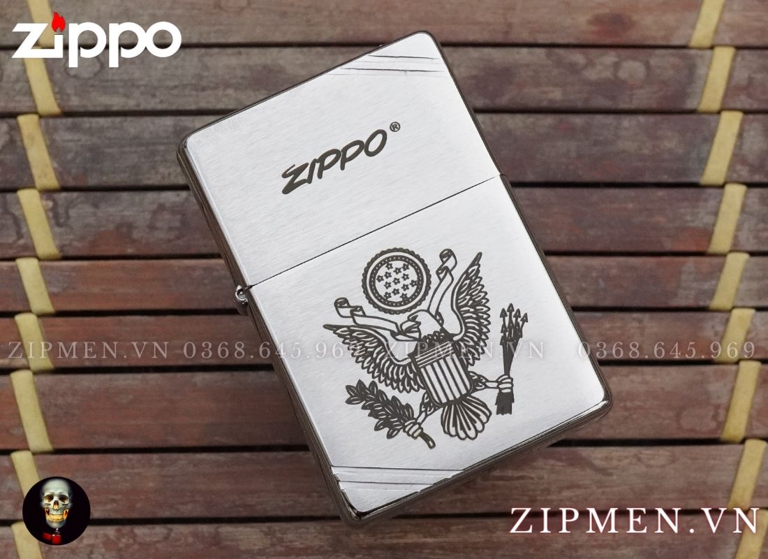 bật lửa zippo vintage tái bản 1937 trắng nhám logo quốc huy hoa kỳ