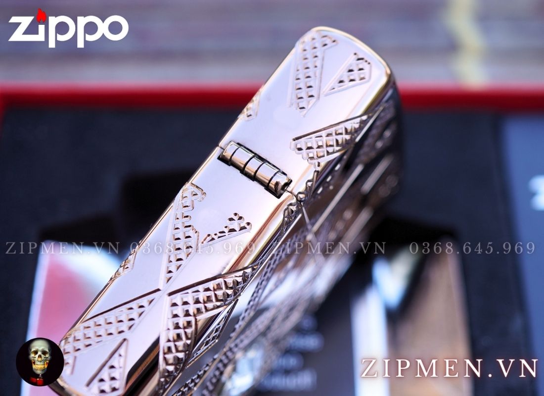 Zippo armor mạ vàng hồng vân kim cương