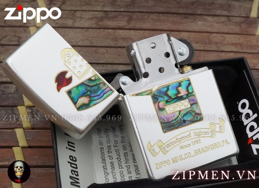 Bật lửa zippo cao cấp xuất Nhật mạ bạc khảm trai hình cây zippo