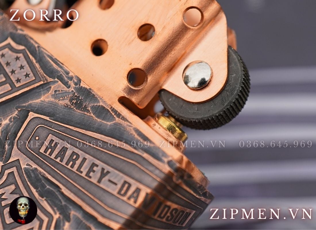 Bật lửa zorro vỏ đồng đỏ ruột đồng đỏ copper gõ búa siêu dày chủ đề Harley Davidson