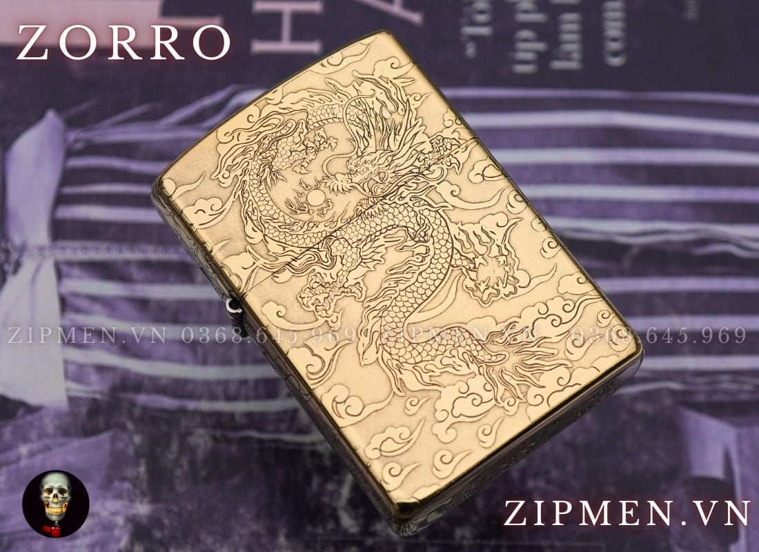 Bật lửa zorro chính hãng hình rồng vàng cuộn ngọc