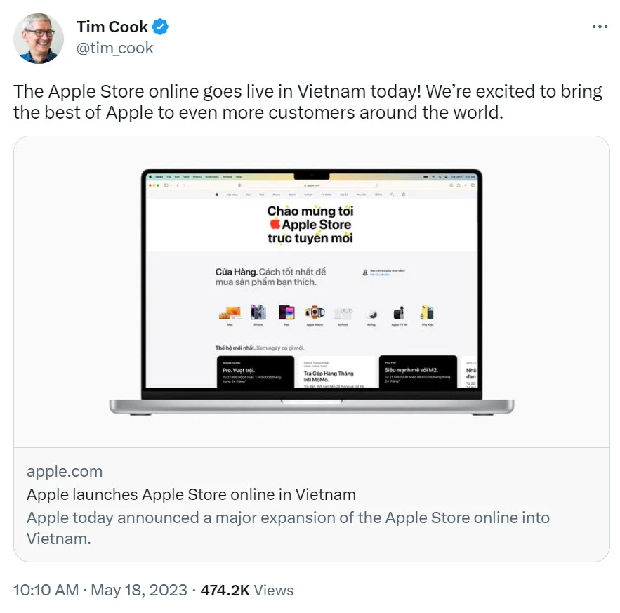 CEO Tim Cook hưởng ứng sự kiện khai trương Apple Store trực tuyến tại Việt Nam