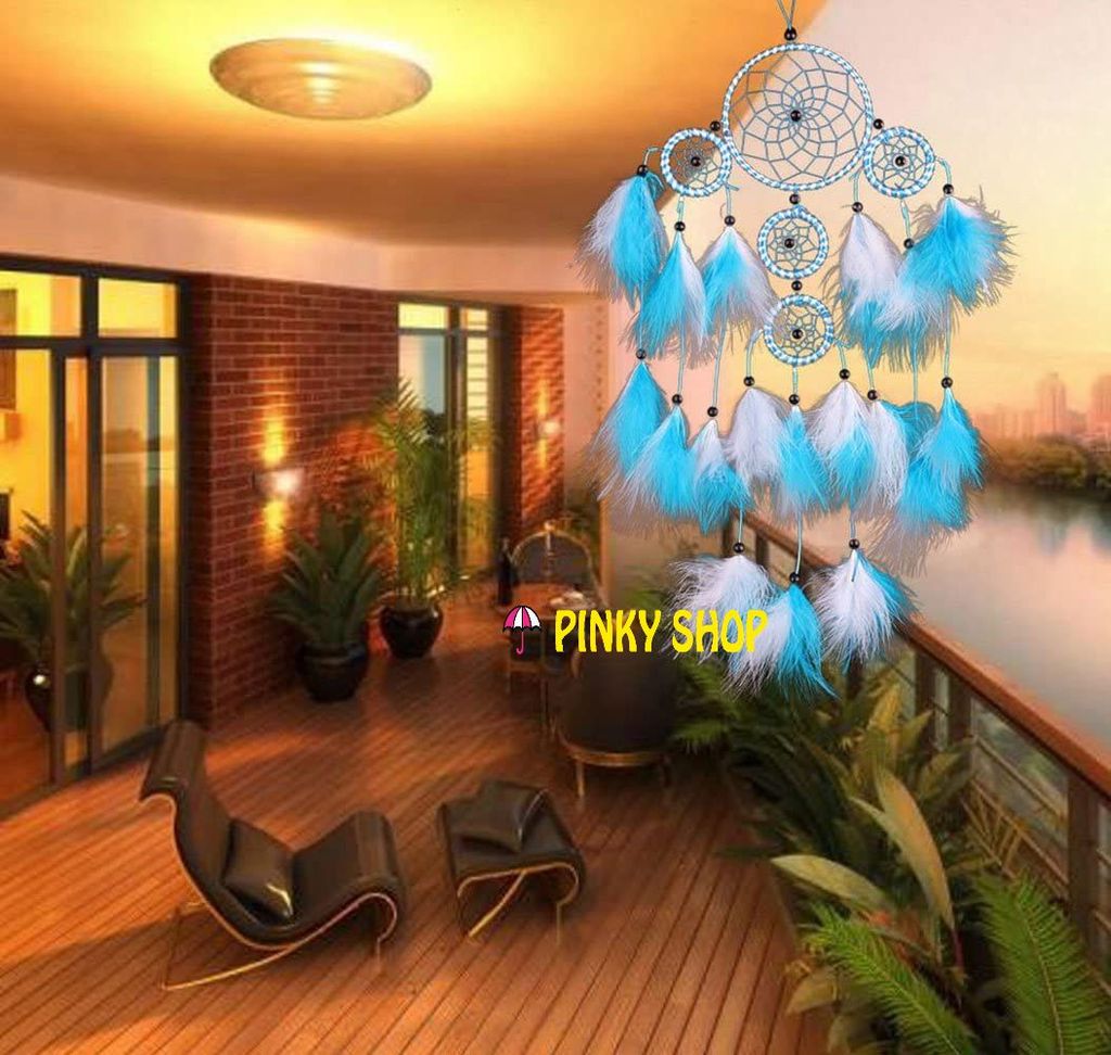 Dreamcatcher treo tường, Dreamcatcher handmade, dream catcher handmade gắn lông vũ màu xanh decor phòng xinh lung linh Pinky Shop mã DRD44 [Tặng kèm đinh 3 chân và thiệp handmade]