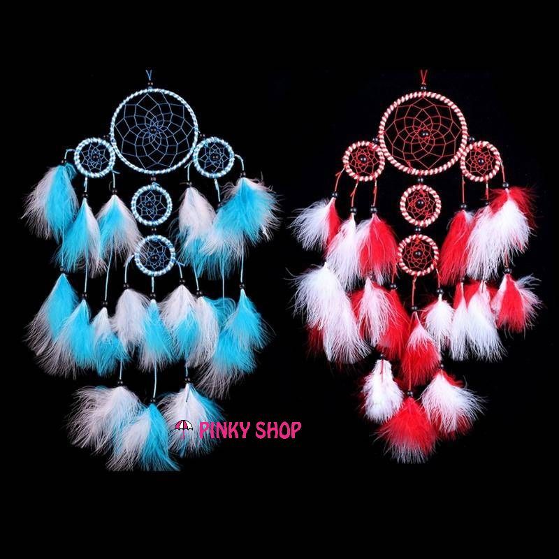 Dreamcatcher treo tường, Dreamcatcher handmade, dream catcher handmade gắn lông vũ màu đỏ decor phòng xinh xắn đáng yêu Pinky Shop mã DRD43 [Tặng kèm đinh 3 chân và thiệp handmade]