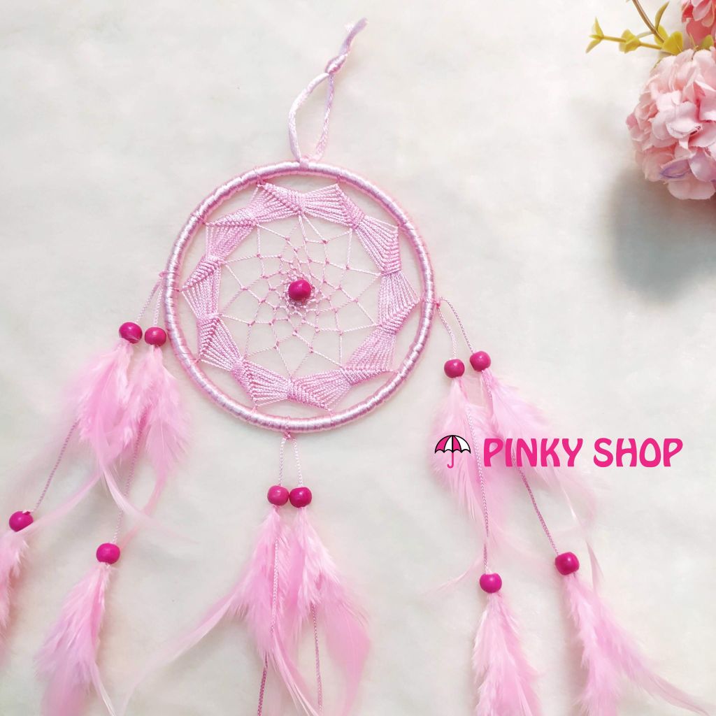 Dreamcatcher handmade màu hồng nhạt 1 lưới rẻ quạt - Mã DRHN1