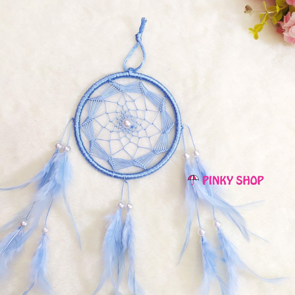 Dreamcatcher handmade màu xanh dương nhạt 1 lưới rẻ quạt - Mã DRXDN1