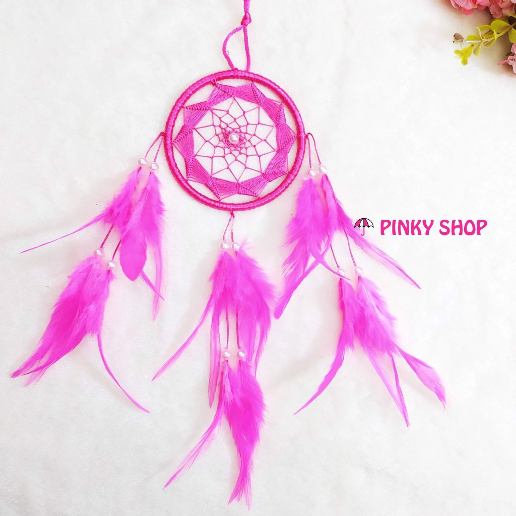 Dreamcatcher handmade màu hồng đậm 2 lưới rẻ quạt - Mã DRHĐR2