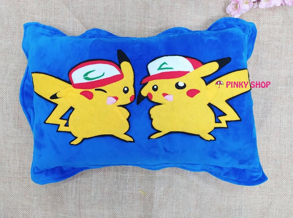 Gối handmade vải nỉ chữ nhật tặng cho bé trai màu xanh đậm hình Pikachu - Mã GHMBT1