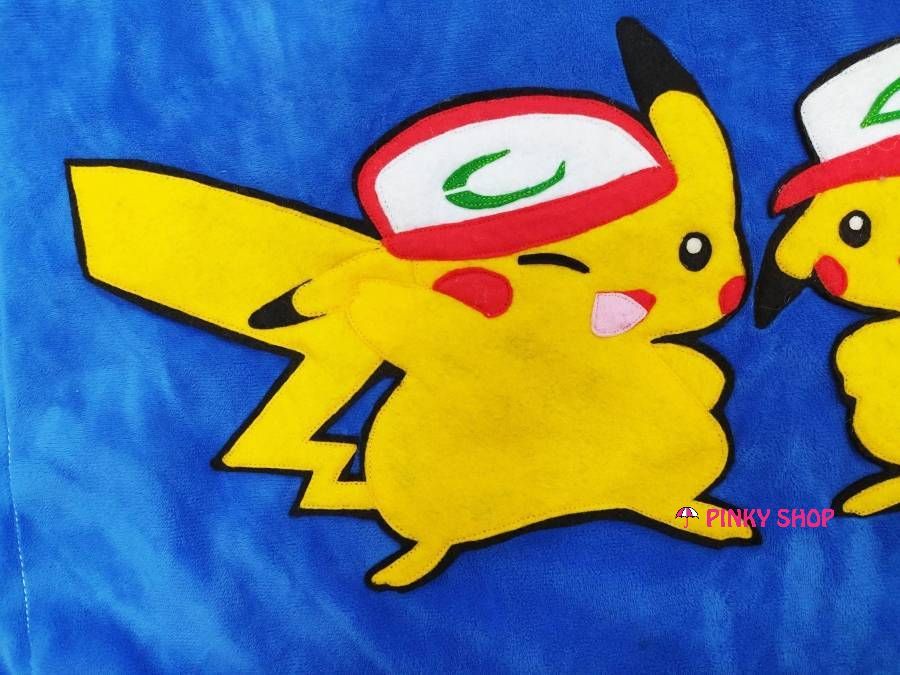 Gối handmade vải nỉ chữ nhật tặng cho bé trai màu xanh đậm hình Pikachu - Mã GHMBT1