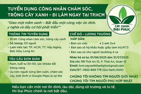 🌿 TUYỂN DỤNG CÔNG NHÂN CHĂM SÓC & TRỒNG CÂY XANH – ĐI LÀM NGAY TẠI TP.HCM & LONG AN