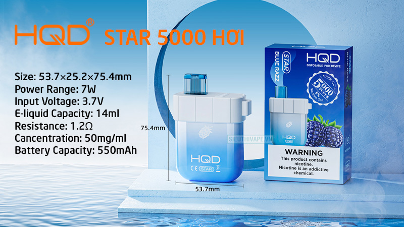 thông số kỹ thuật pod HQD Star 5000 Hơi