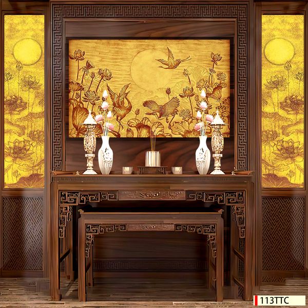 Tranh trúc chỉ phòng thờ hoa sen