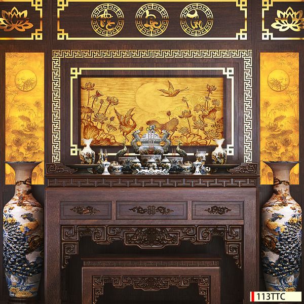 Tranh trúc chỉ phòng thờ hoa sen
