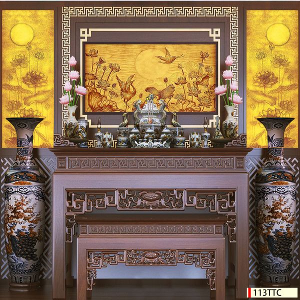 Tranh trúc chỉ phòng thờ hoa sen
