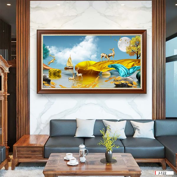 Tranh treo tường phòng khách hươu tài lộc