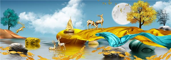 Tranh treo tường phòng khách hươu tài lộc