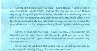 THƯ CẢM ƠN CỦA UỶ BAN NHÂN DÂN TỈNH KHÁNH HOÀ