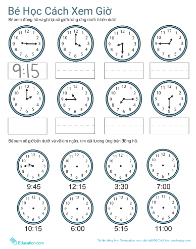 Tài liệu dạy các bé học cách xem giờ đồng hồ