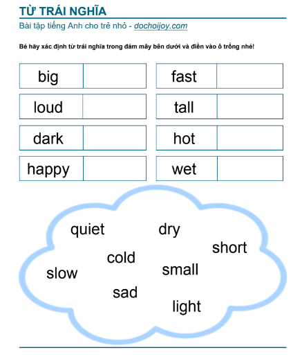 Bài tập tiếng Anh cho bé học về từ trái nghĩa