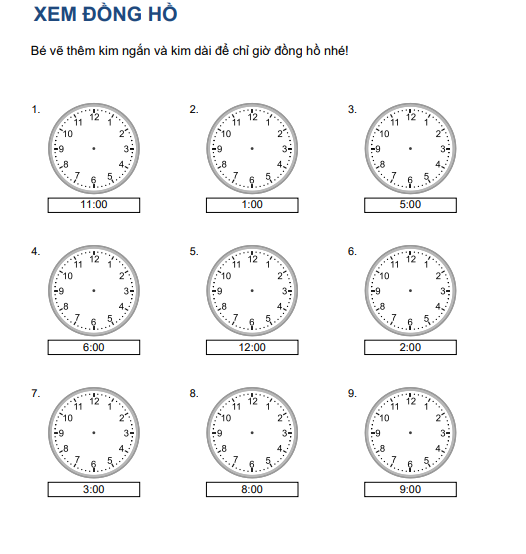 Học liệu cho bé học xem giờ đồng hồ miễn phí