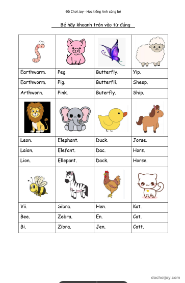 Bộ xác định từ vựng động vật cho trẻ học tiếng Anh
