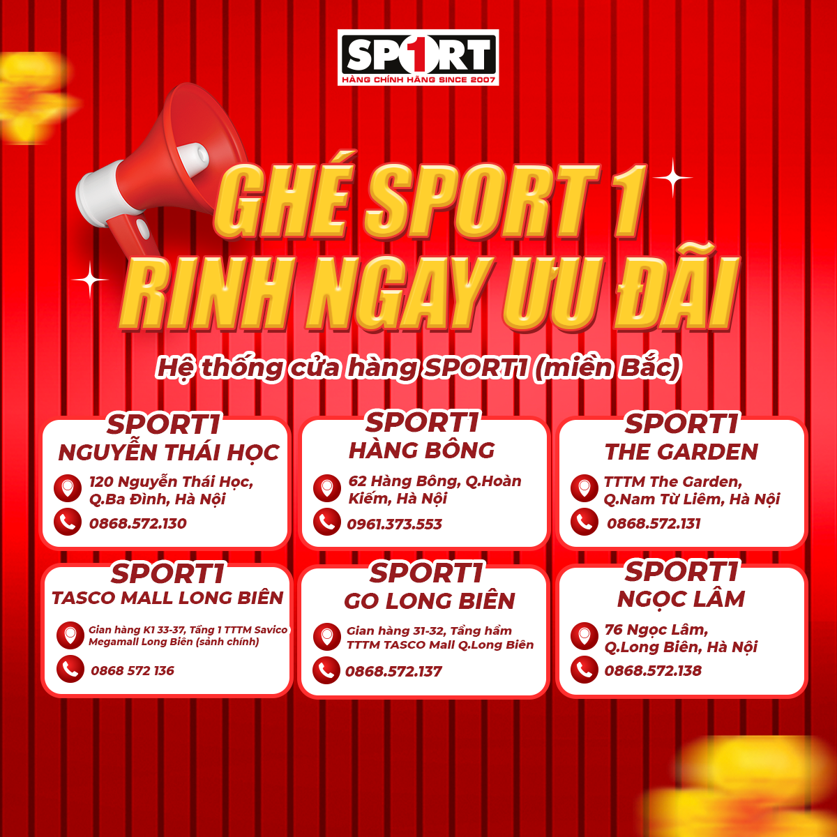 ĐỊA CHỈ CỬA HÀNG SPORT1 TẠI HÀ NỘI - TP.HCM